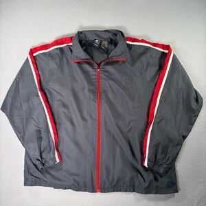 Vintage Starter Jacket Men's Windbreaker, Grey with Red/White Stripes, size L